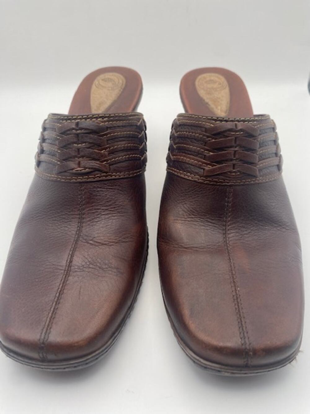 Nature Women’s Brown Leather Braided Wedge Mule Slip On Shoes Size 7